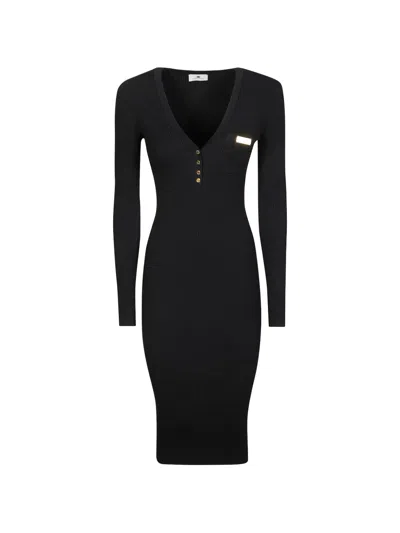 Elisabetta Franchi V-neck Button Midi Dress In Black