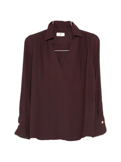 Elisabetta Franchi Blouse In Viscose Georgette Fabric With Sash Belt In Brown