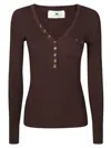 Elisabetta Franchi Merlot Tricot Sweater With Gold Accents And Ribbed Knit In Brown