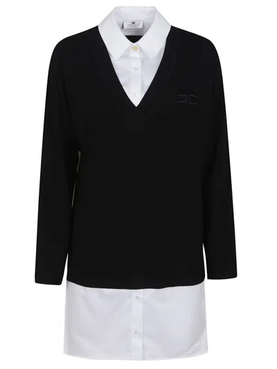 Elisabetta Franchi V-neck Cotton Poplin Shirt Dress With Cropped Back In Black