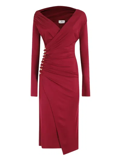 Elisabetta Franchi Draped Midi Dress With Jeweled Buttons In Red