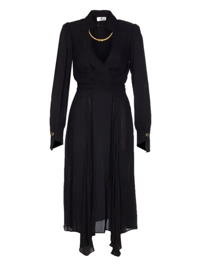 ELISABETTA FRANCHI V-NECK LOGO-NECKLACE MIDI DRESS