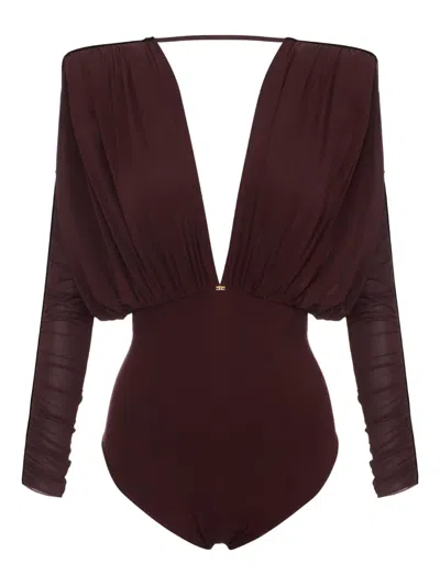Elisabetta Franchi V-neck Long-sleeve Bodysuit In Brown