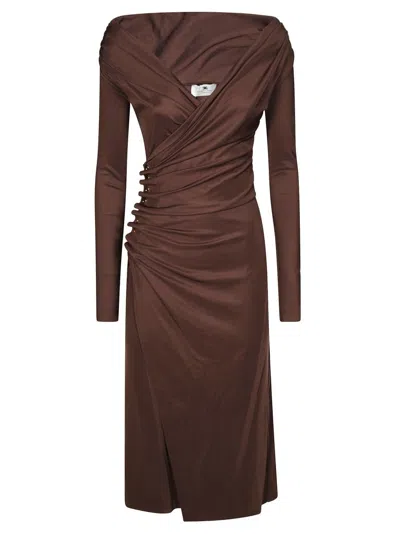 Elisabetta Franchi V-neck Longuette Dress With Fitted Silhouette In Brown