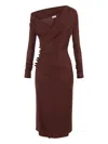 Elisabetta Franchi Brown Draped Midi Dress With Asymmetric Neckline In Viscose Stretch Woman In Brown