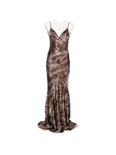 Elisabetta Franchi Brown Sleeveless Long Dress With V Neck And All-over Animal Print In Viscose Stretch Woman