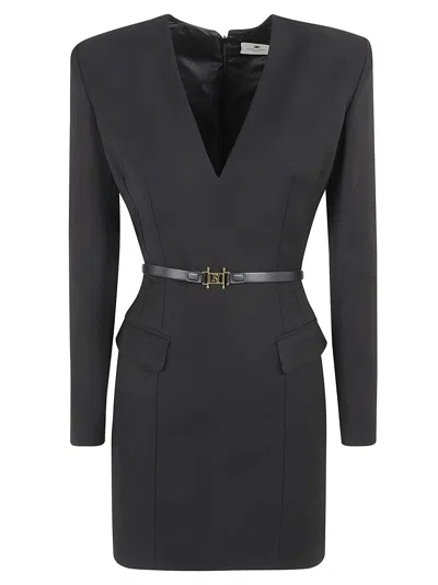 Elisabetta Franchi V-neck Rear Zip Belted Dress In Nero