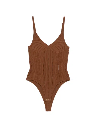 Elisabetta Franchi V-neck Ribbed Bodysuit In Brown