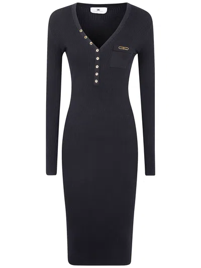 Elisabetta Franchi Ribbed Button-fastening Midi Dress In Black