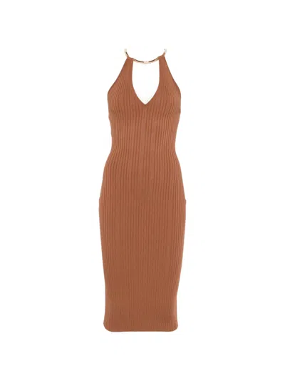 Elisabetta Franchi Openwork Knit Necklace-detail Dress In Brown