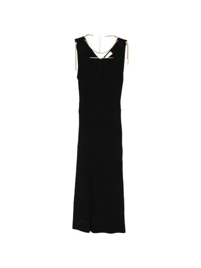 Elisabetta Franchi Ribbed Deep V Neck Midi Dress In Black
