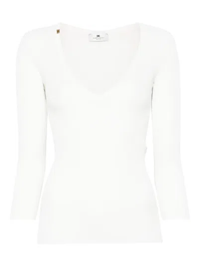 Elisabetta Franchi Rib Knit Top With V-neck In Ivory