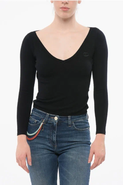 Elisabetta Franchi V Neck Sweater With Embroidered Logo