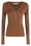 Elisabetta Franchi V-neck Tricot Sweater With Gold Accents And Pocket Detail In Brown