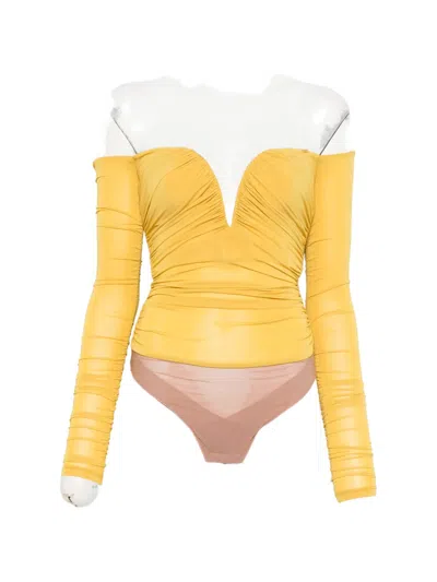 Elisabetta Franchi V-neckline Draped Bodysuit In Yellow