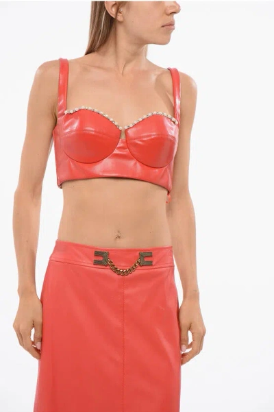Elisabetta Franchi Vegan Leather Cropped Top With Pearls In Red