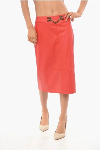 Elisabetta Franchi Vegan Leather Skirt With Metal Logo In Red