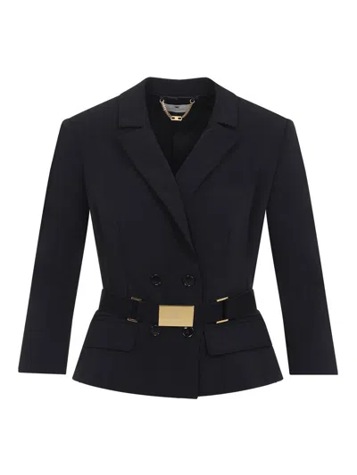 Elisabetta Franchi Jacket In Stretch Technical Fabric With Belt In Blue