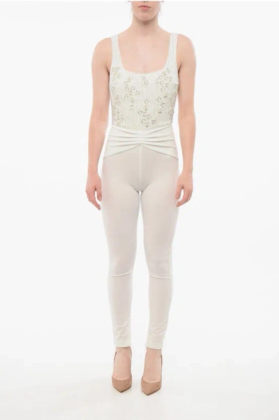 Elisabetta Franchi Velour Jumpsuit With Embroideries In White
