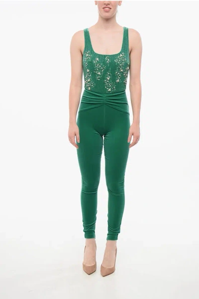 Elisabetta Franchi Velour Jumpsuit With Embroideries In Green