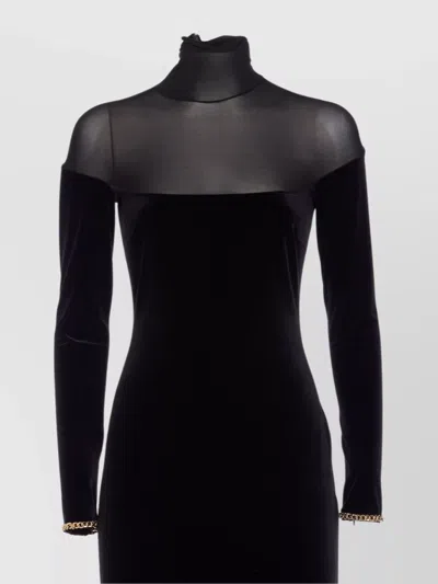 Elisabetta Franchi Velvet Chain Detail Sheer Neckline Dress In Black