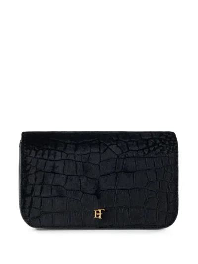 Elisabetta Franchi Velvet Shoulder Bag With Crocodile Print In Black