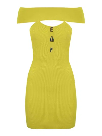 Elisabetta Franchi Ribbed Dress With Lettering In Yellow