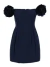 Elisabetta Franchi Mini Dress With Floral Embellishments And Off-the-shoulder Design In Blue