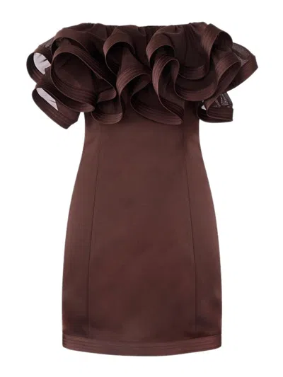 Elisabetta Franchi Mini Dress In Duchess Satin With Maxi Ruffles In Burgundy