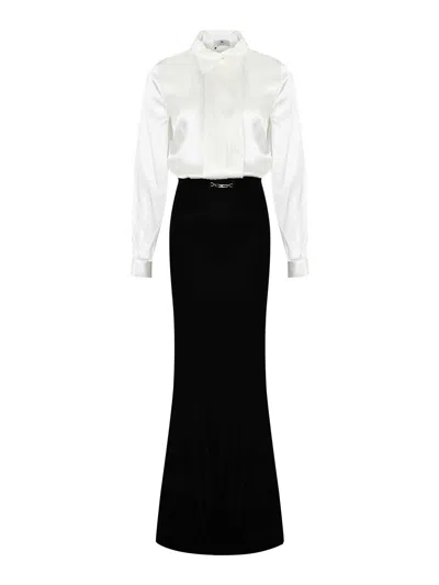 Elisabetta Franchi Long Red Carpet Dress In Satin And Velvet In White