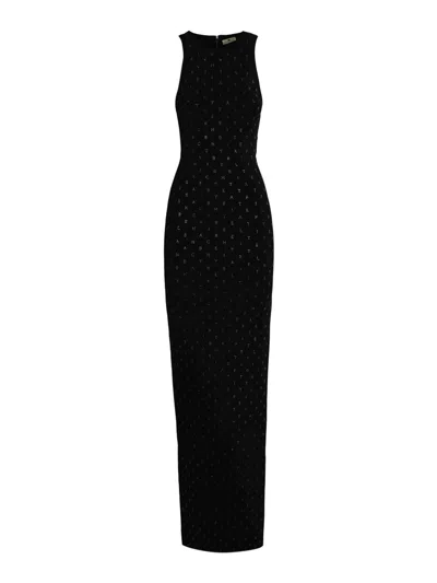 Elisabetta Franchi Viscose Knit Dress With Rhinestone Logo In Black