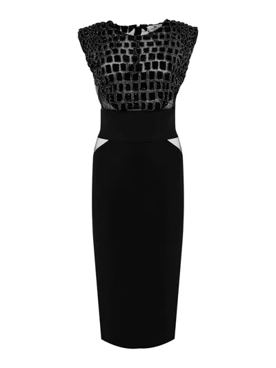 Elisabetta Franchi Crepe And Tulle Dress With Cocco Embroidery In Black