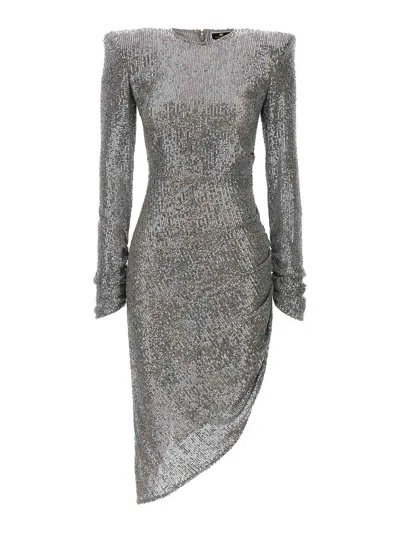 Elisabetta Franchi Sequin Asymmetrical Dress In Grey