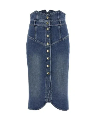 Elisabetta Franchi Contrast-stitching High-waisted Midi Denim Skirt In Brown