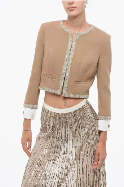 Elisabetta Franchi Virgin Wool Crop Blazer With Lurex Edging In Nude