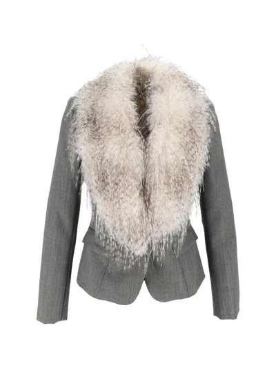 Elisabetta Franchi Virgin Wool Fur Collar Tailored Jacket In Gray
