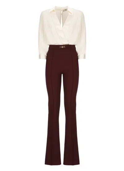 Elisabetta Franchi Crossover-neck Flared Jumpsuit In Burgundy