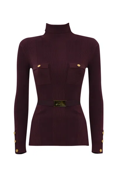 Elisabetta Franchi Viscose And Silk Knit Turtleneck With Belt And Logo Embroidery In Rouge Noir