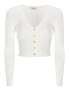 Elisabetta Franchi Cropped Ribbed Knit V-neck Cardigan In White