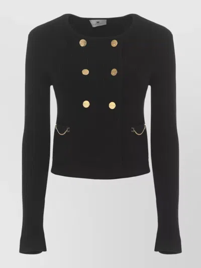 Elisabetta Franchi Viscose Double Breasted Cardigan Ribbed Chain In Black