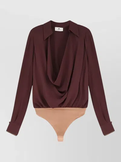 Elisabetta Franchi Viscose Draped Long-sleeve Bodysuit Blouse In Burgundy