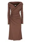 Elisabetta Franchi Brown Draped Midi Dress With Asymmetric Neckline In Viscose Stretch Woman In Brown
