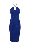 Elisabetta Franchi Indigo Blue Knitted Midi Dress With Rhinestones In Indigo