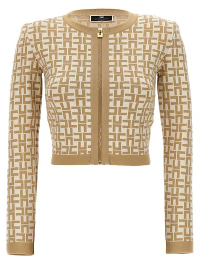 Elisabetta Franchi Viscose Jacquard Mini Cardigan In Beige