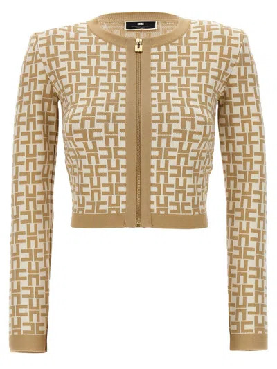 Elisabetta Franchi Viscose Jacquard Mini Cardigan In Butter/sand