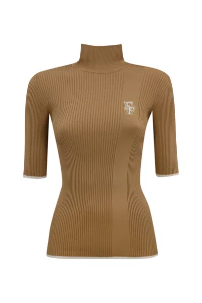 Elisabetta Franchi Viscose Knit Turtleneck With College Logo In Brown