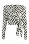 Elisabetta Franchi Georgette Logo Print Blouse With V-neck And Shoulder Pads In Yellow Cream