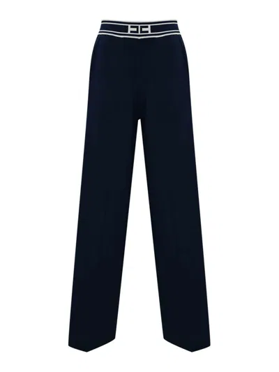 Elisabetta Franchi Viscose Trousers With Logo Bands In Oltremare Avorio