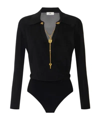Elisabetta Franchi Viscose Yarn Bodysuit With Jewel Chain In Black