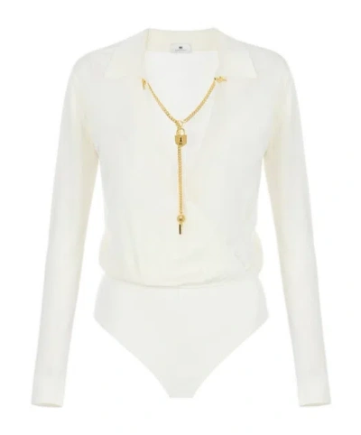 Elisabetta Franchi Viscose Yarn Bodysuit With Jewel Chain In White
